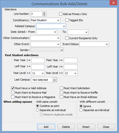 Communications Bulk Add Delete (Past Student)