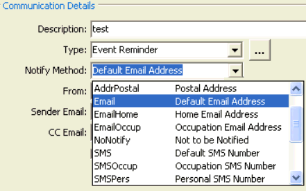 Communications Maintenance - Communication tab (communication details cut down, notify method)