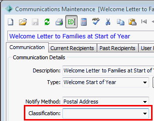 Communications Maintenance - Communication tab (cut down, classification field highlighted)