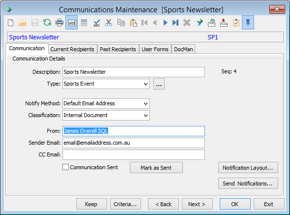 Communications Maintenance - Communication tab