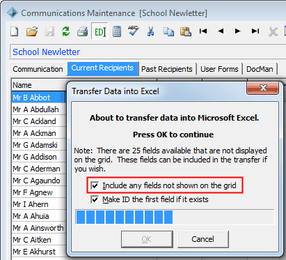 Communications Maintenance - Current Recipients tab (Transfer to Excel example for v65WN)