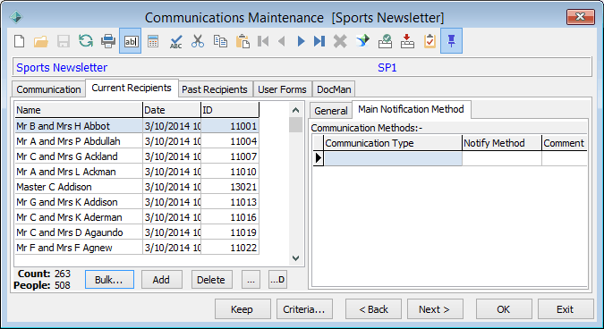 Communications Maintenance - Current Recipients tab - Main Notification Method sub-tab