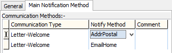 Communications Maintenance - Current Recipients tab - Main Notification Method tab (example)