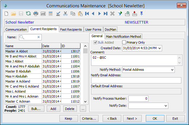 Communications Maintenance - Current Recipients tab