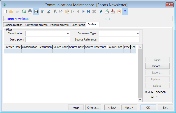 Communications Maintenance - DocMan tab