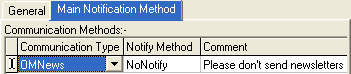 Communications Maintenance - Main Notification Method sub-tab (cut down)