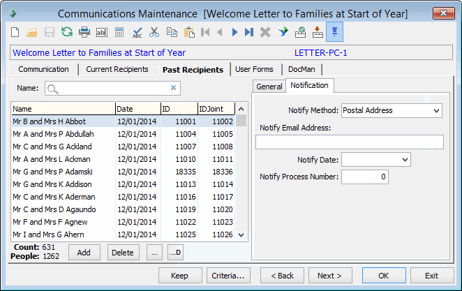 Communications Maintenance - Past Recipients tab - Notification sub-tab