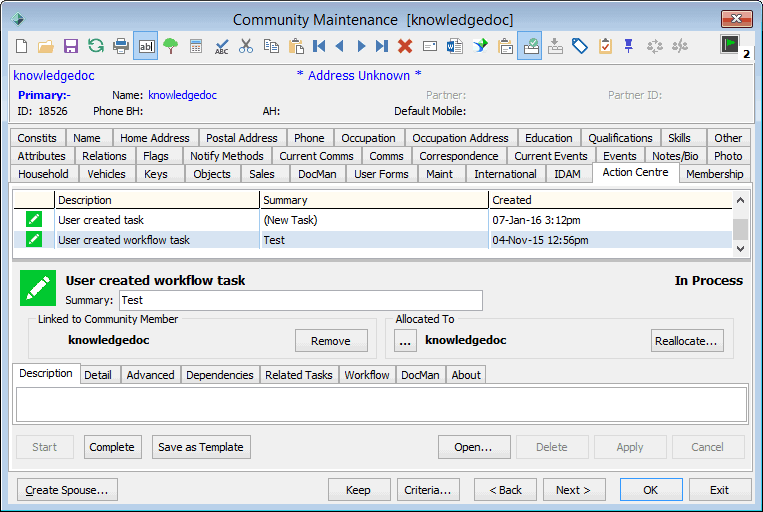 Community Maintenance - Action Centre tab