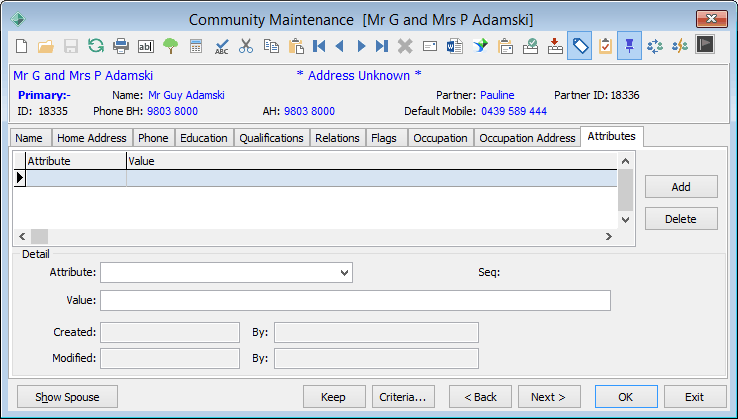 Community Maintenance - Attributes tab