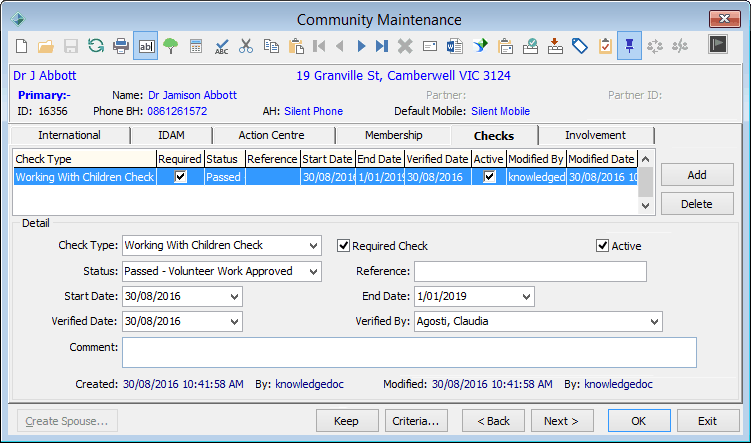 Community Maintenance - Checks tab