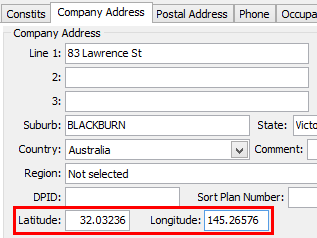 Community Maintenance - Company Address tab (Latitude and Longitude fields, cut down)