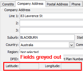 Community Maintenance - Company Address tab (Latitude and Longitude fields, greyed out)