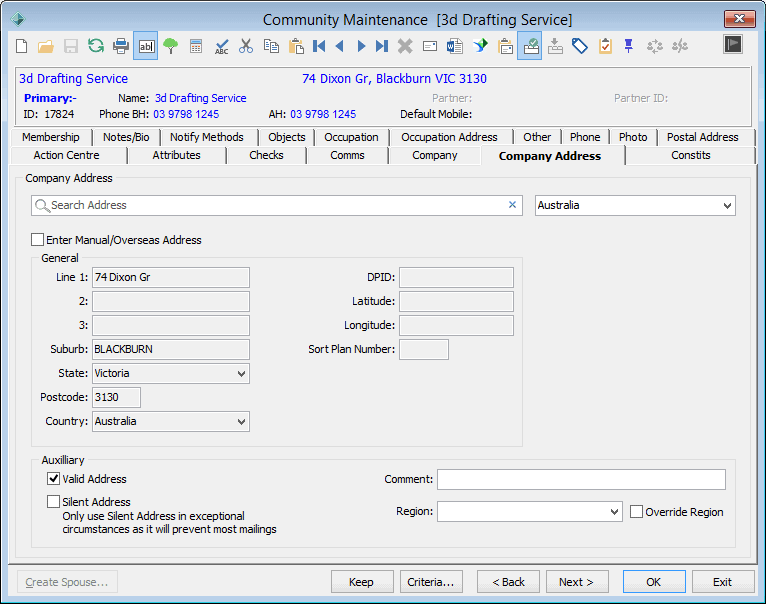 Community Maintenance - Company Address tab