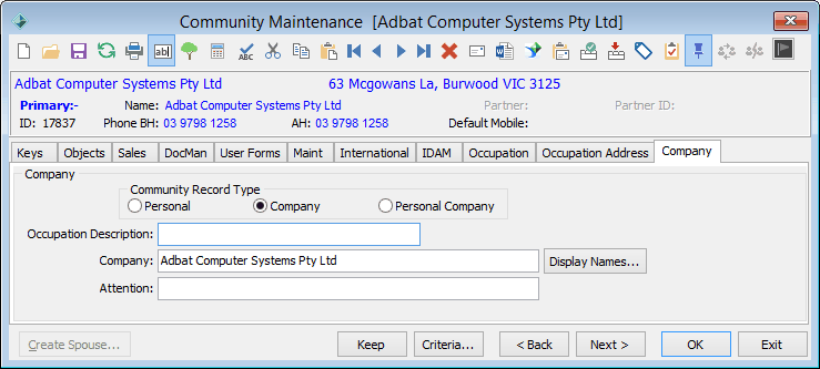 Community Maintenance - Company tab