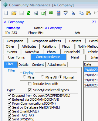 Community Maintenance - Correspondence tab (cut down)