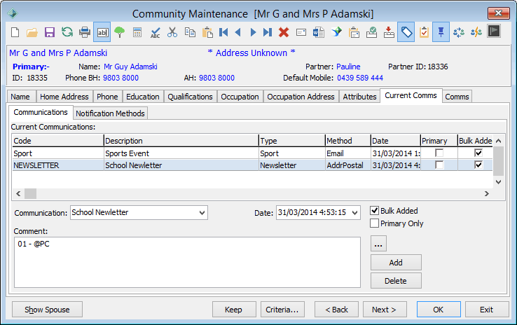Community Maintenance - Current Comms tab - Communications sub-tab