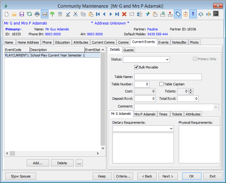 Community Maintenance - Current Events tab - Details sub-tab