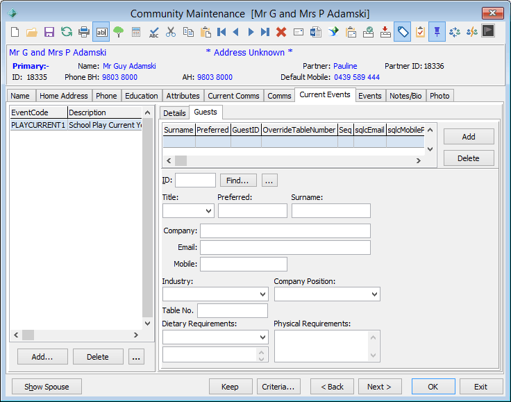 Community Maintenance - Current Events tab - Guests sub-tab