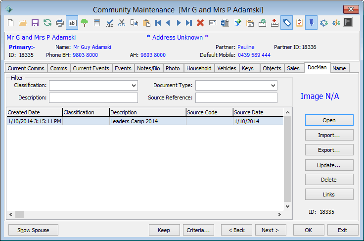 Community Maintenance - DocMan tab