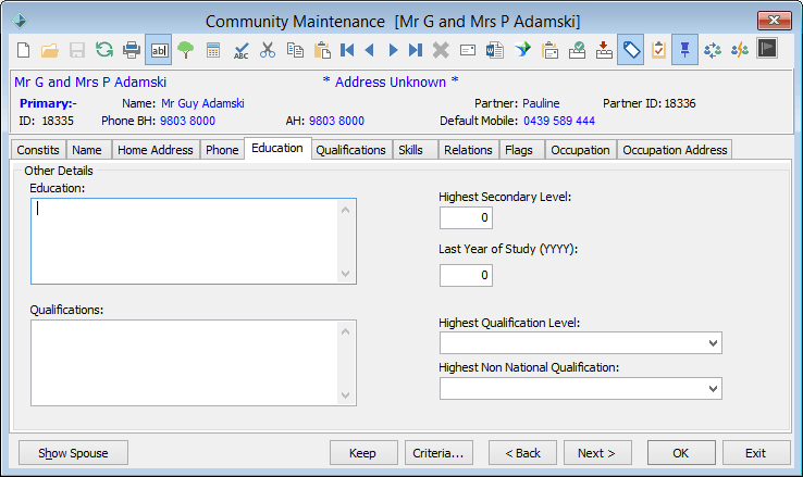 Community Maintenance - Education tab