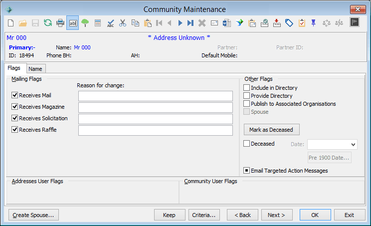 Community Maintenance - Flags tab
