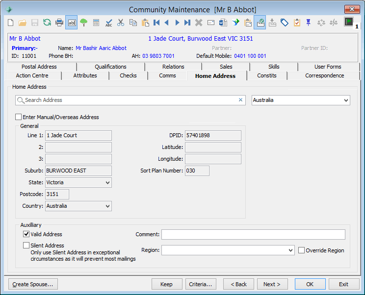 Community Maintenance - Home Address tab