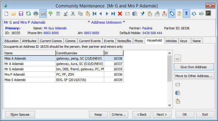 Community Maintenance - Household tab