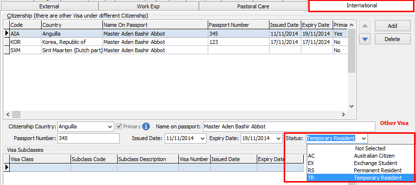 Community Maintenance - International tab (Status field highlighted)