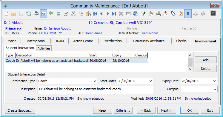 Community Maintenance - Involvement tab - Student Interaction sub-tab