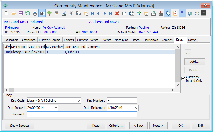 Community Maintenance - Keys tab
