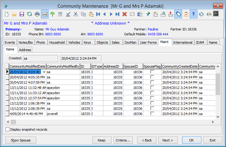 Community Maintenance - Maint tab