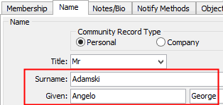Community Maintenance - Name tab (key name fields)