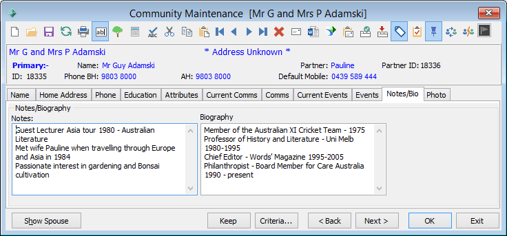 Community Maintenance - Notes/Bio tab