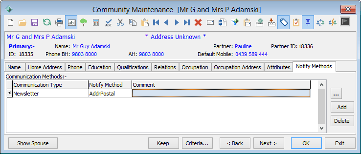 Community Maintenance - Notify Methods tab