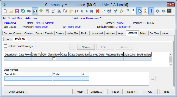 Community Maintenance - Objects tab - Bookings sub-tab