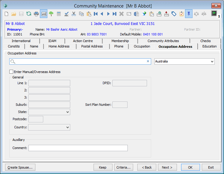 Community Maintenance - Occupation Address tab