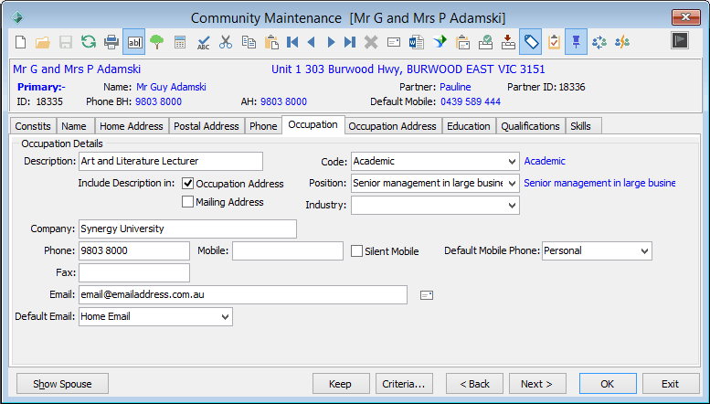 Community Maintenance - Occupation tab