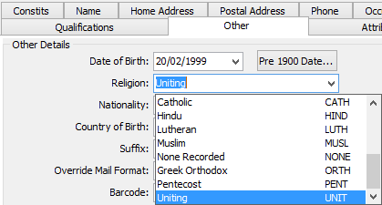Community Maintenance - Other tab, Religion drop-down list