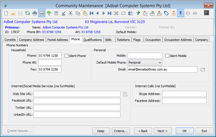Community Maintenance - Phone tab (companry specific)