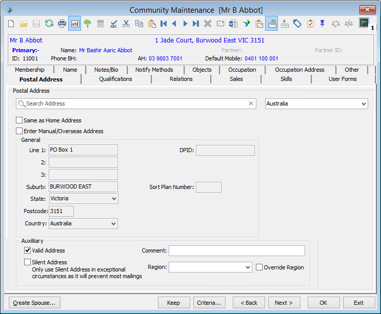 Community Maintenance - Postal Address tab