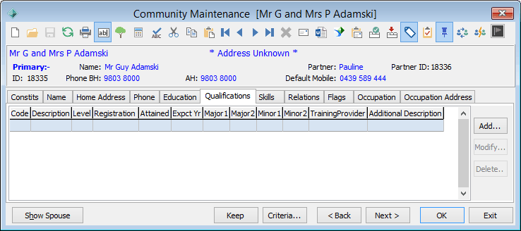 Community Maintenance - Qualifications tab