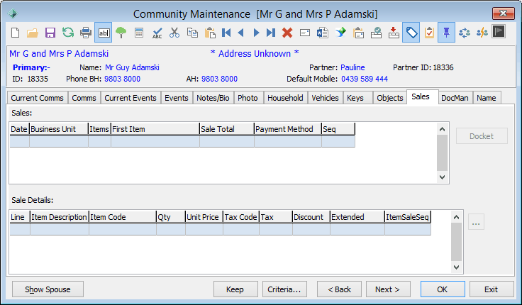 Community Maintenance - Sales tab