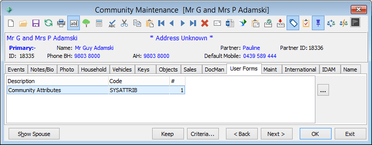 Community Maintenance - User Forms tab