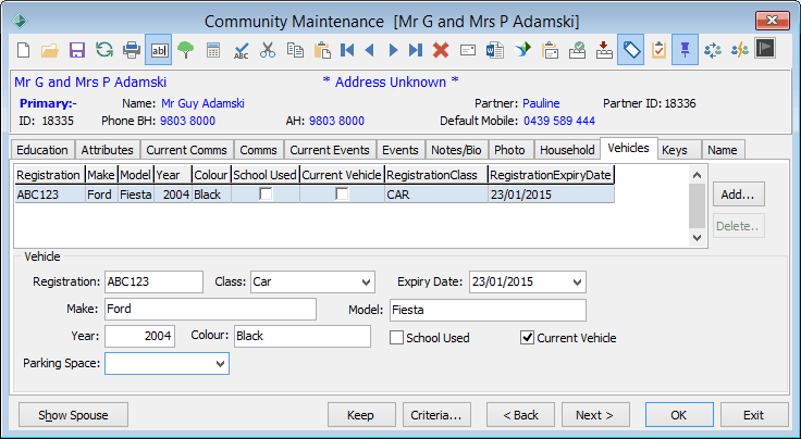 Community Maintenance - Vehicles tab