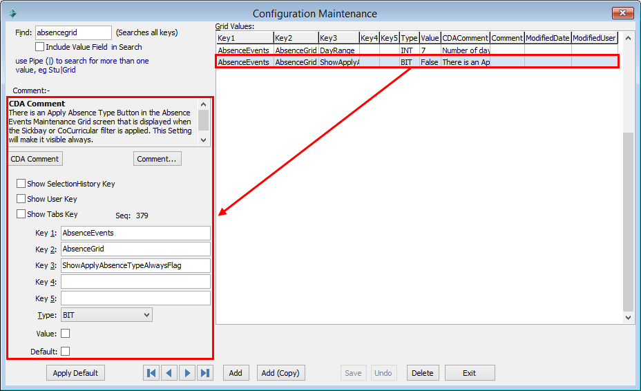 Configuration File Maintenance window (selection corresponds to fields)