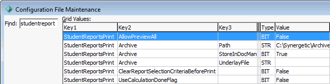 Configuration File Maintenance (StudentReports, cut down)