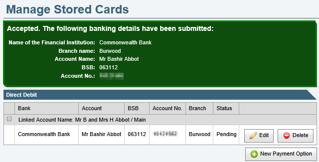 Confirmation messages (direct debit, managed stored cards)