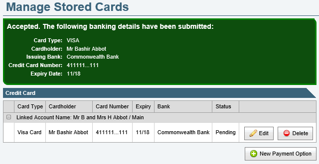 Confirmation message (manage stored cards)