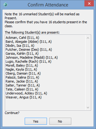 Confirm Attendance window