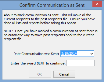 Confirm Communication As Sent window